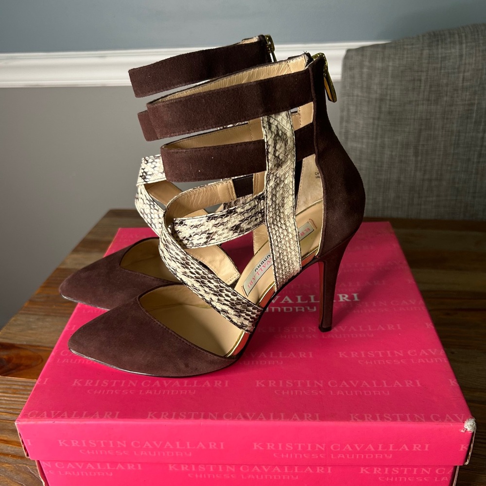 Kristin Cavallari Chinese Laundry Brown‎ Suede Snakeskin Cage Heels Pumps 7.5 38